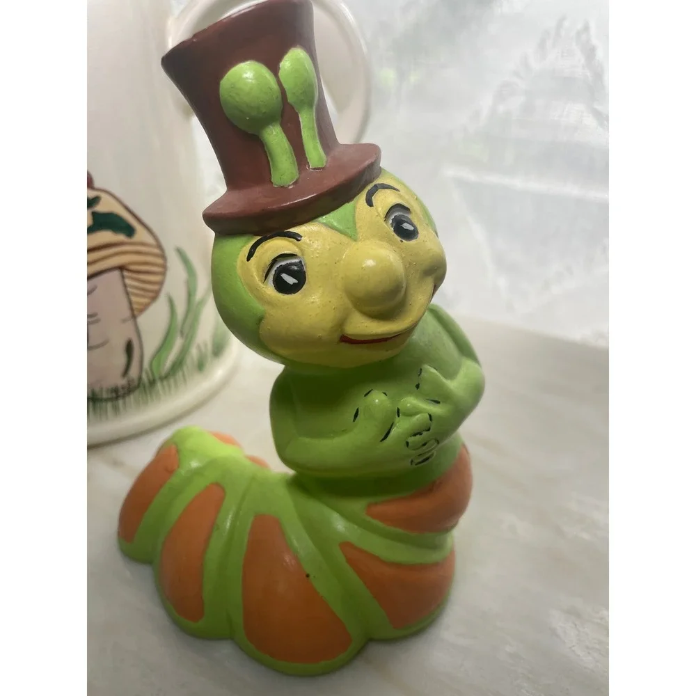 Vintage Mushroom Teapot and Top Hat Caterpillar Figurine Set Ceramic Handpainted
